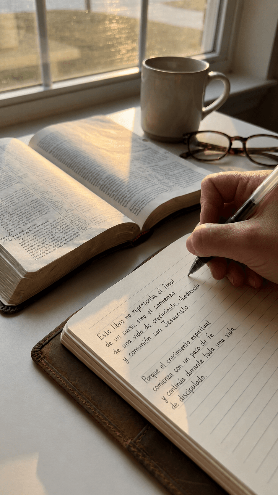 Biblia abierta y un diario con una reflexión sobre el discipulado, junto a una taza de café — el crecimiento espiritual que acompaña Comenzando Mi Viaje.