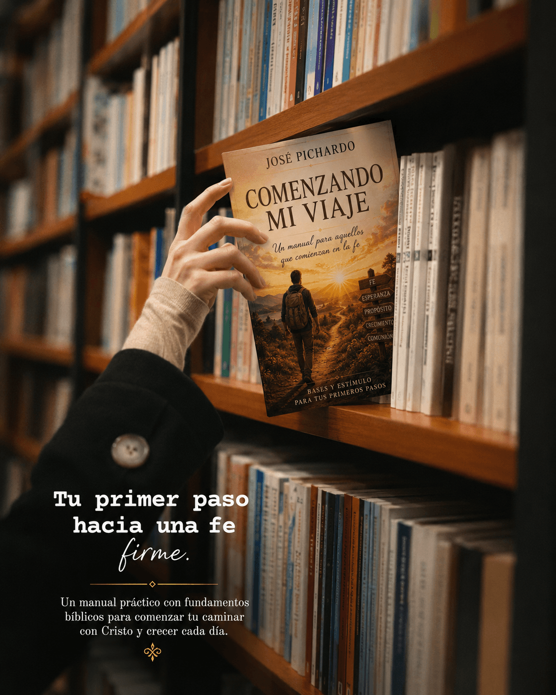 Una mano toma el libro Comenzando Mi Viaje de una estantería — tu primer paso hacia una fe firme.